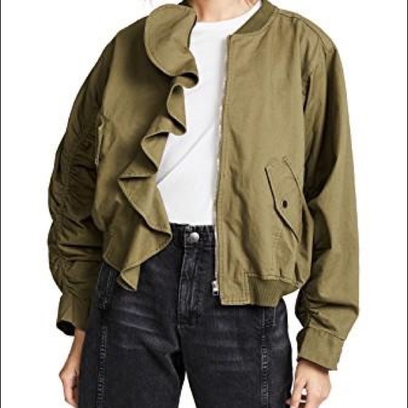 J.O.A. Anthropologie Ruffle Trim Oversized Bomber Jacket in Olive Green - M - Picture 5 of 8